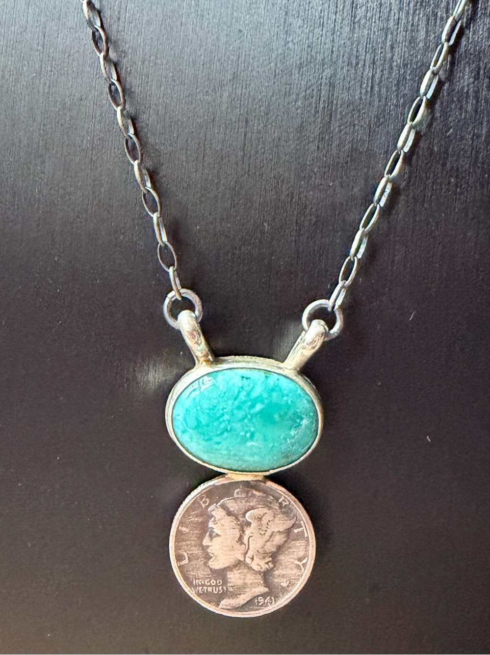 Henry Navajo Sterling Silver Green Turquoise Pendant Necklace with Coin